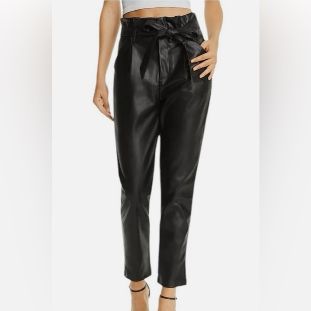 Lucy Paris Faux Leather Paperbag High Waist Ankle Pants Black